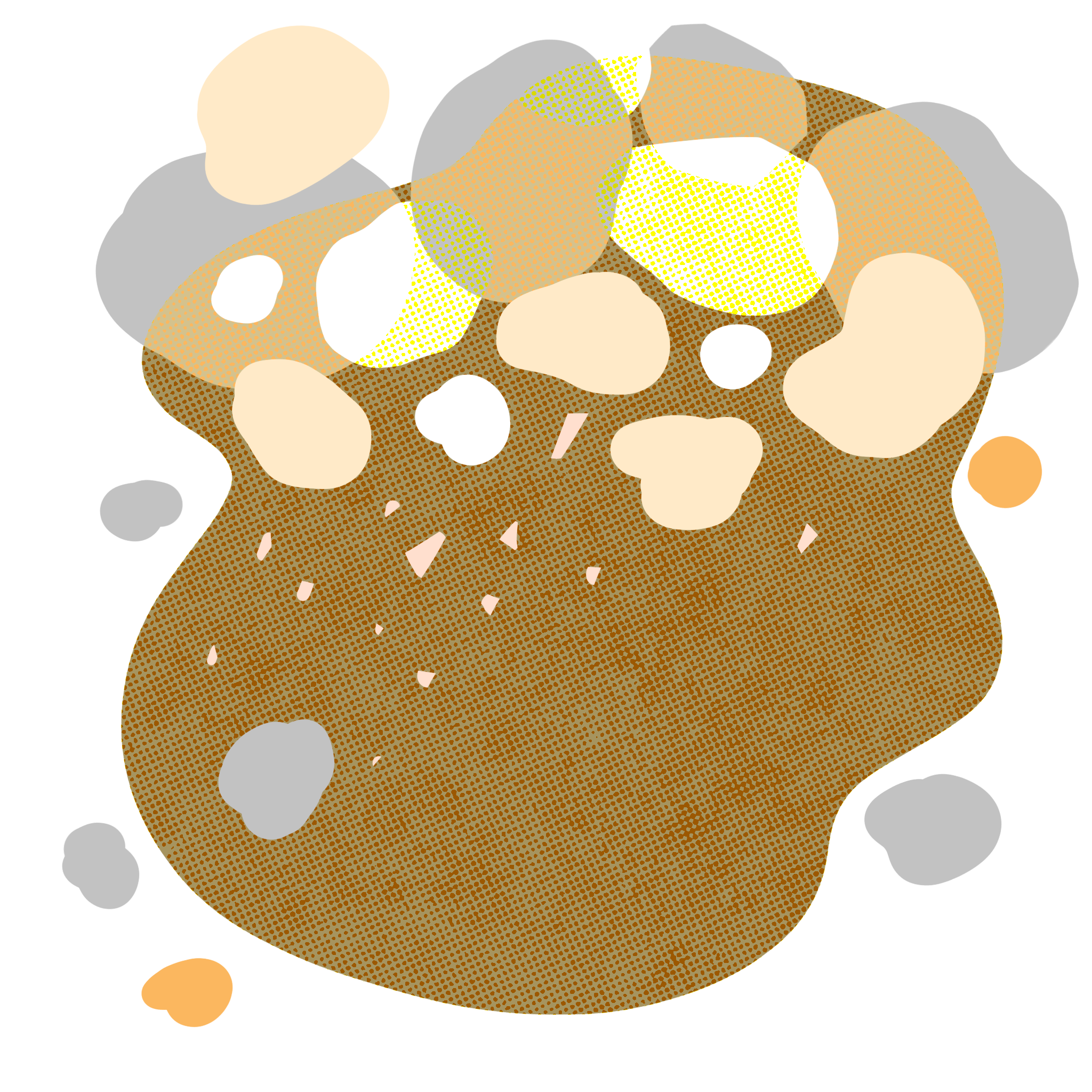 A curvy patch of light brown mottled material topped with gray, white, and beige clumps.