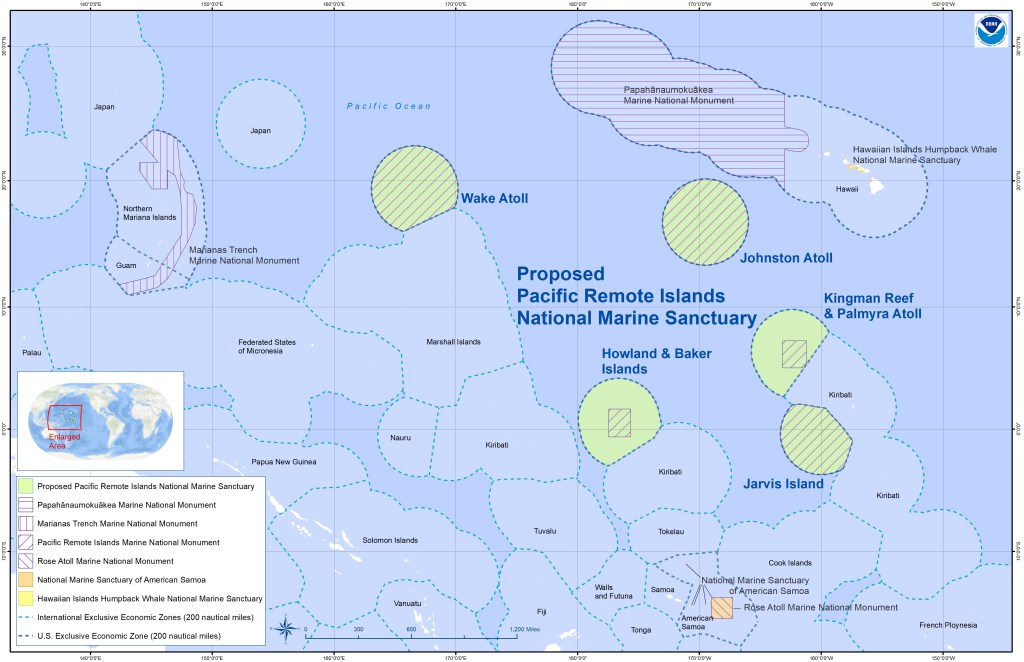 A map showing boundaries around the Kingman reef, and Jarvis, Howland, and Baker islands
