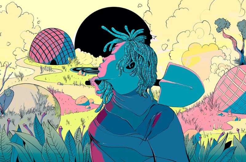 An illustration of a person in the foreground with their face turned away from the viewer and a shovel over the shoulder, in an otherworldly landscape with grasses, clouds and domes