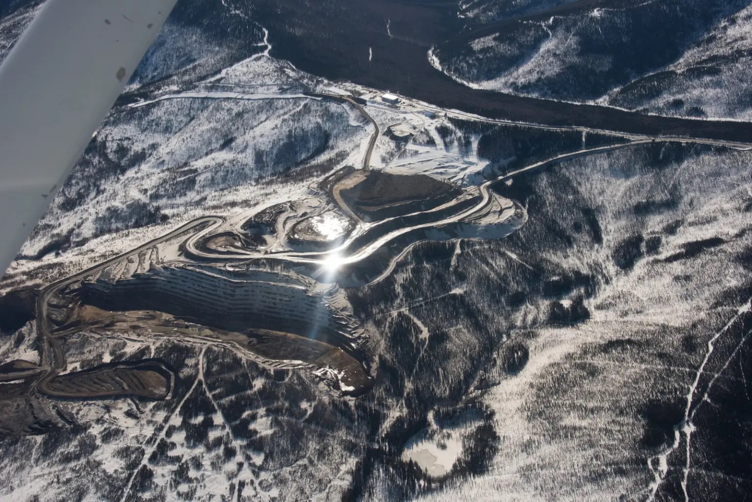 An aerial view of the existing Fort Knox mine, which several highways connect to.