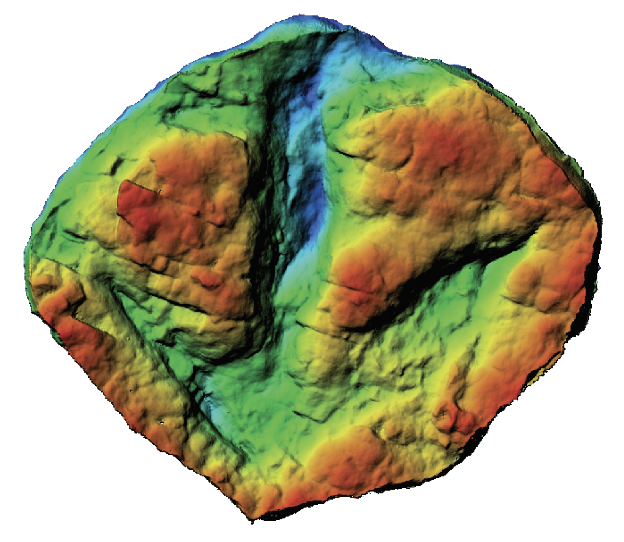 A 3-D model of a three-toed dinosaur footprint in rock. Bright colors show the depth of the footprint.