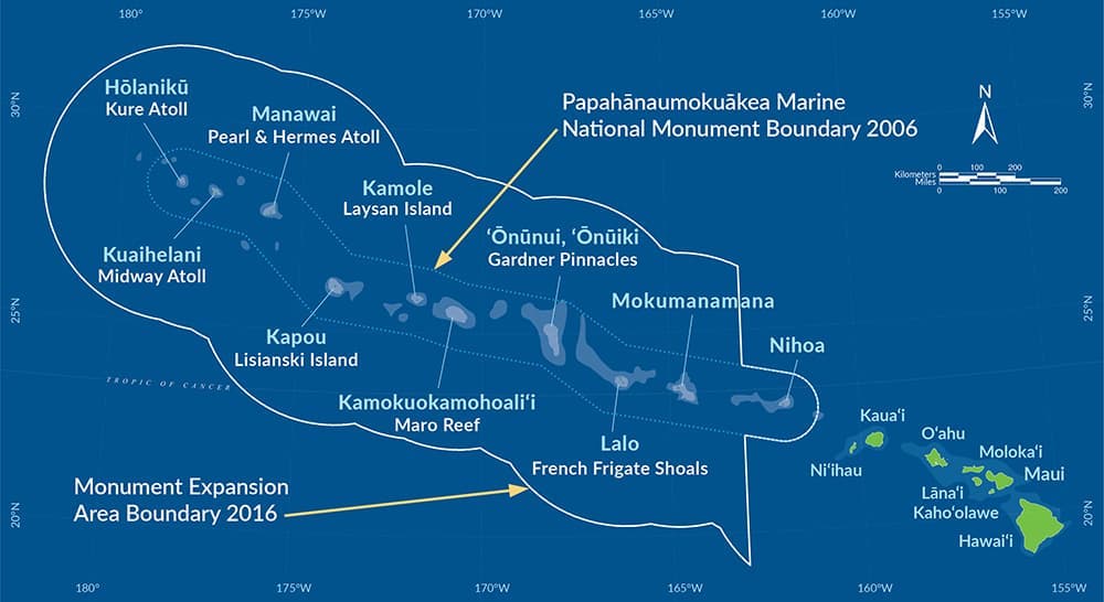 A blue map with lines around the ocean around islands. The lines contain the Papahānaumokuākea Marine National Monument boundaries