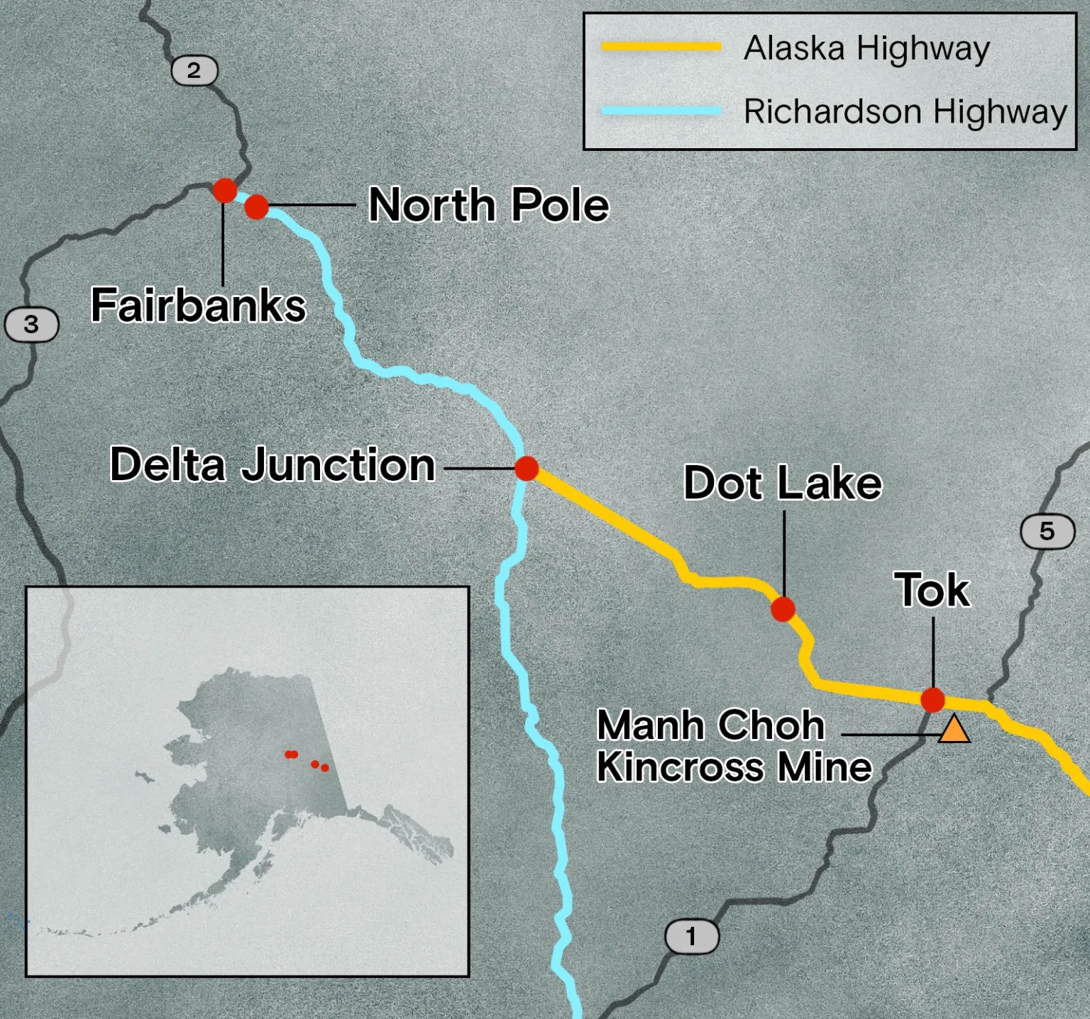 A map of highways from the North pole to Tok in Alaska
