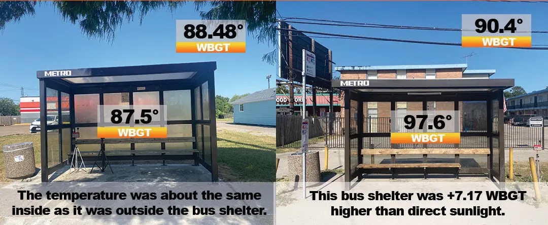 Two bus shelters, one is under tree shade and one isn't. The one with no shade gets to be 100 degrees inside. 