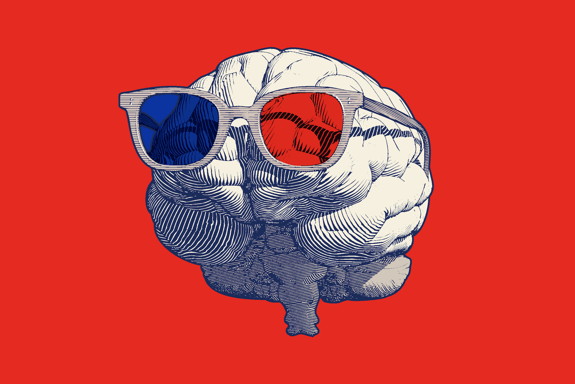 An illustration of a white human brain wearing 3d glasses, with one blue lens and one red lens, against a red background.