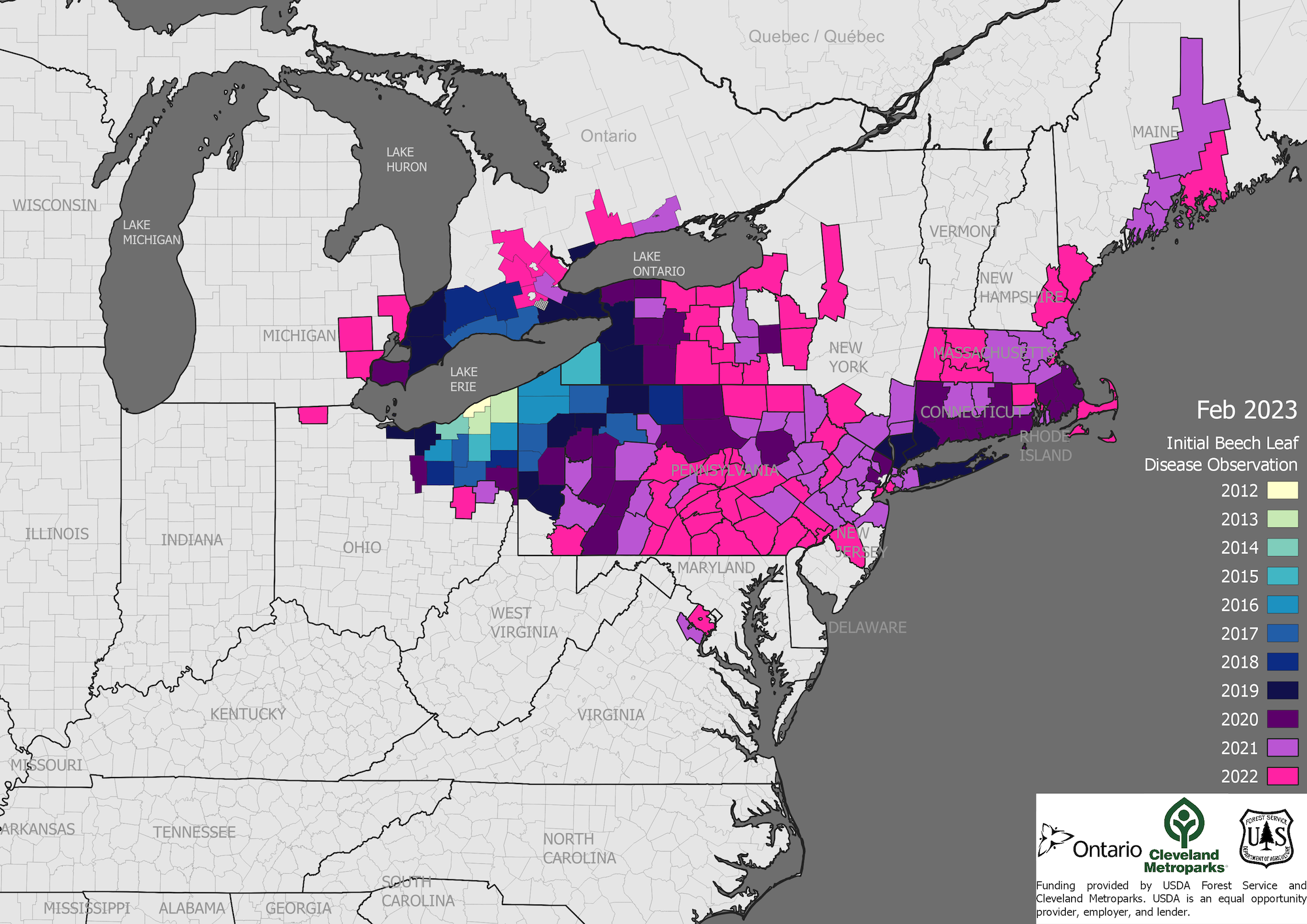 A white map of the northeastern US with many counties colored pink, purple, and blue across the region.