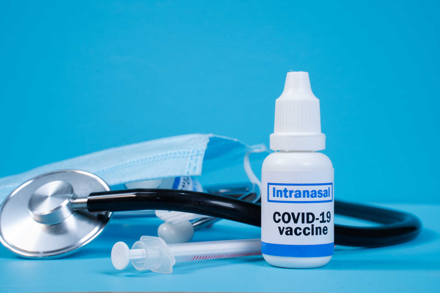 Concept showing of Coronavirus covid-19 new nasal or intranasal vaccination with medical equipments.