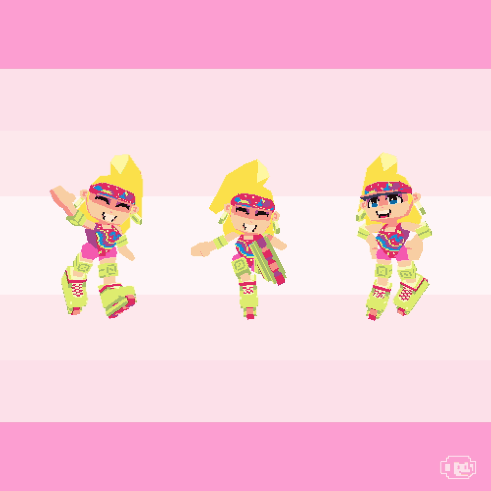 Three 3-d rendered pixel art images of a blond girl in roller skates. The center figure is rotating. You can see how when she rotates, the pixels don't form a smooth outline.