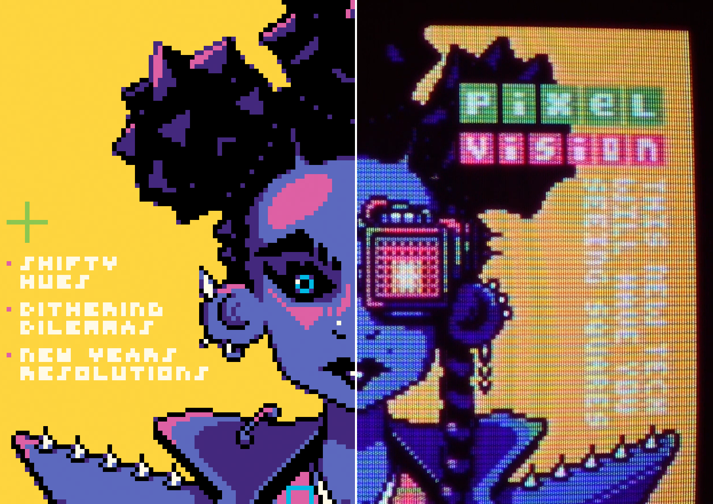 A pixel art digital painting of a girl with a bionic eye. On the right, a crisp, boxy look with no smooth edges. On the left, a smoother, more bright finish.