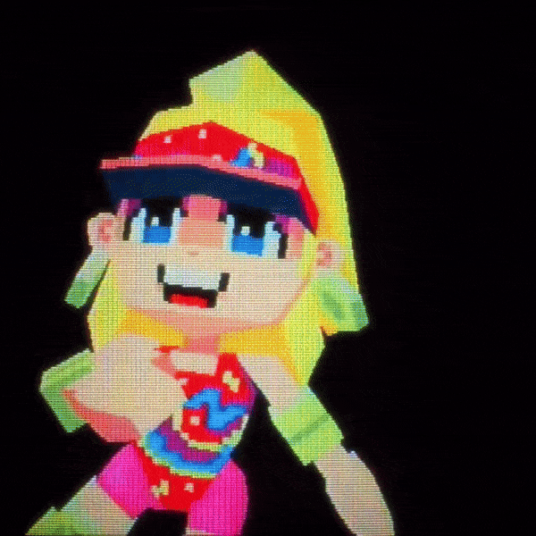 The same three rotating blond figures, this time in a glowing CRT output. The edges on her figure and hat are distinctly smoother. 