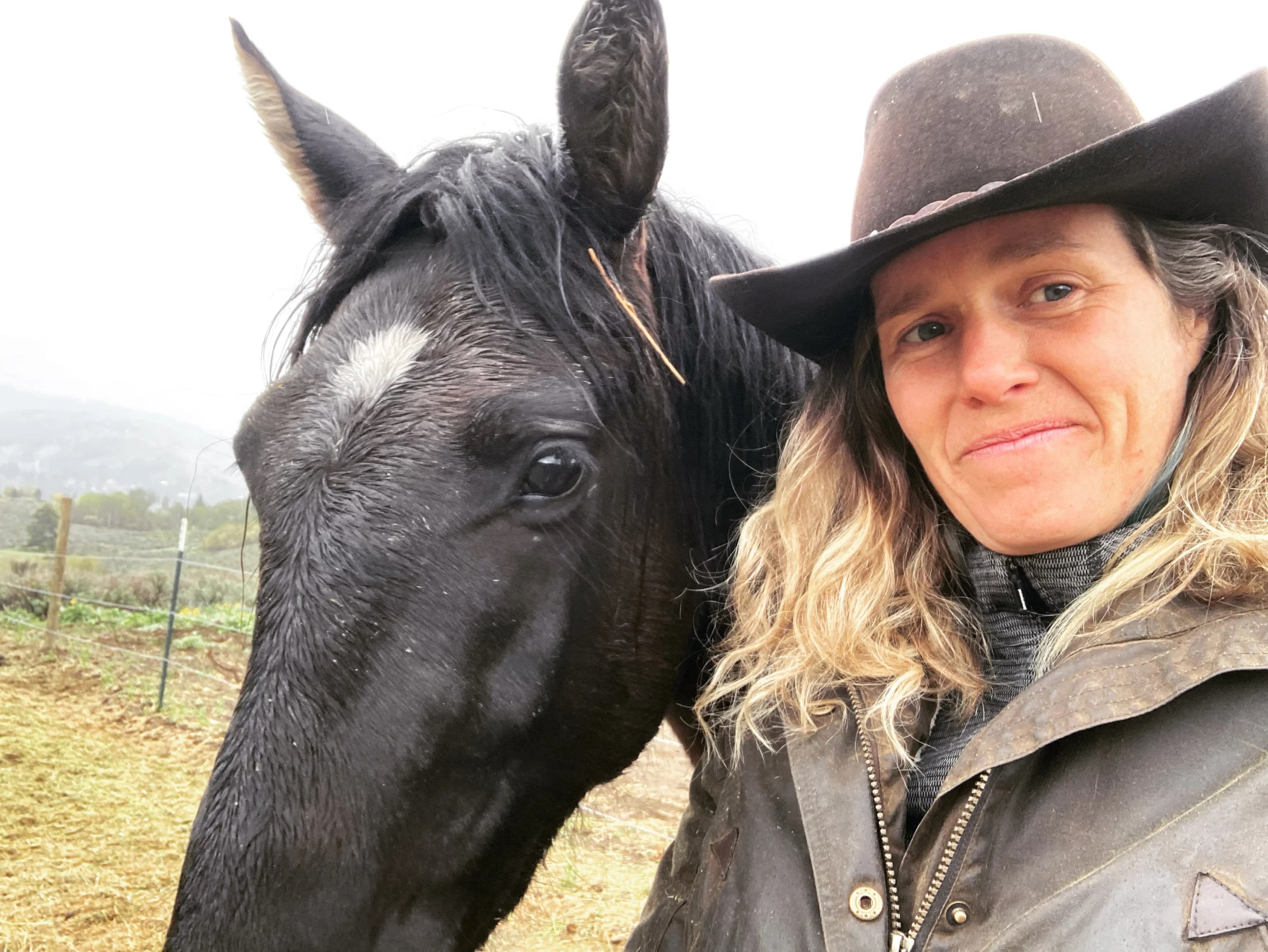 A woman wearing a cowboy hat with a black horse.