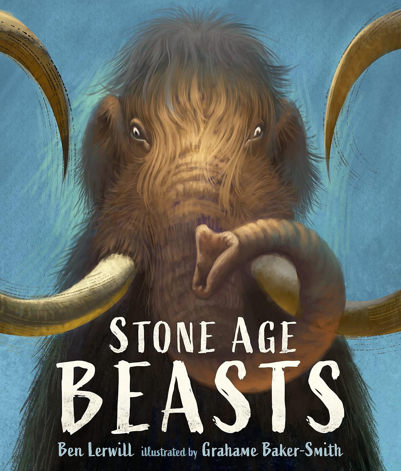Wooly Mammoth on the cover of Stone Age Beasts by Ben Lerwill and illustrated by Graham Baker-Smith