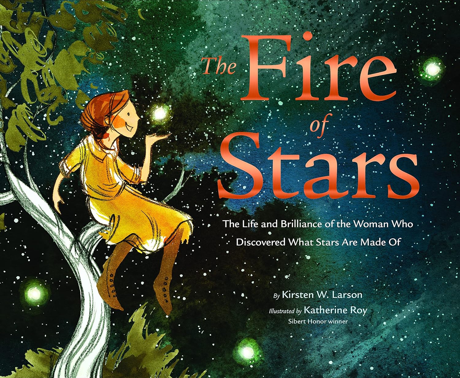 Book cover: "The Fire of Stars" woman sitting on a tree branch with stars behind her