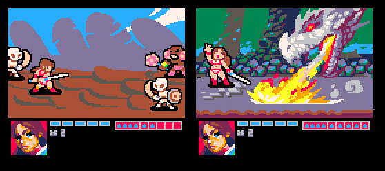 Two pixel art video game play screens featuring pixelated characters fighting other characters and a dragon.