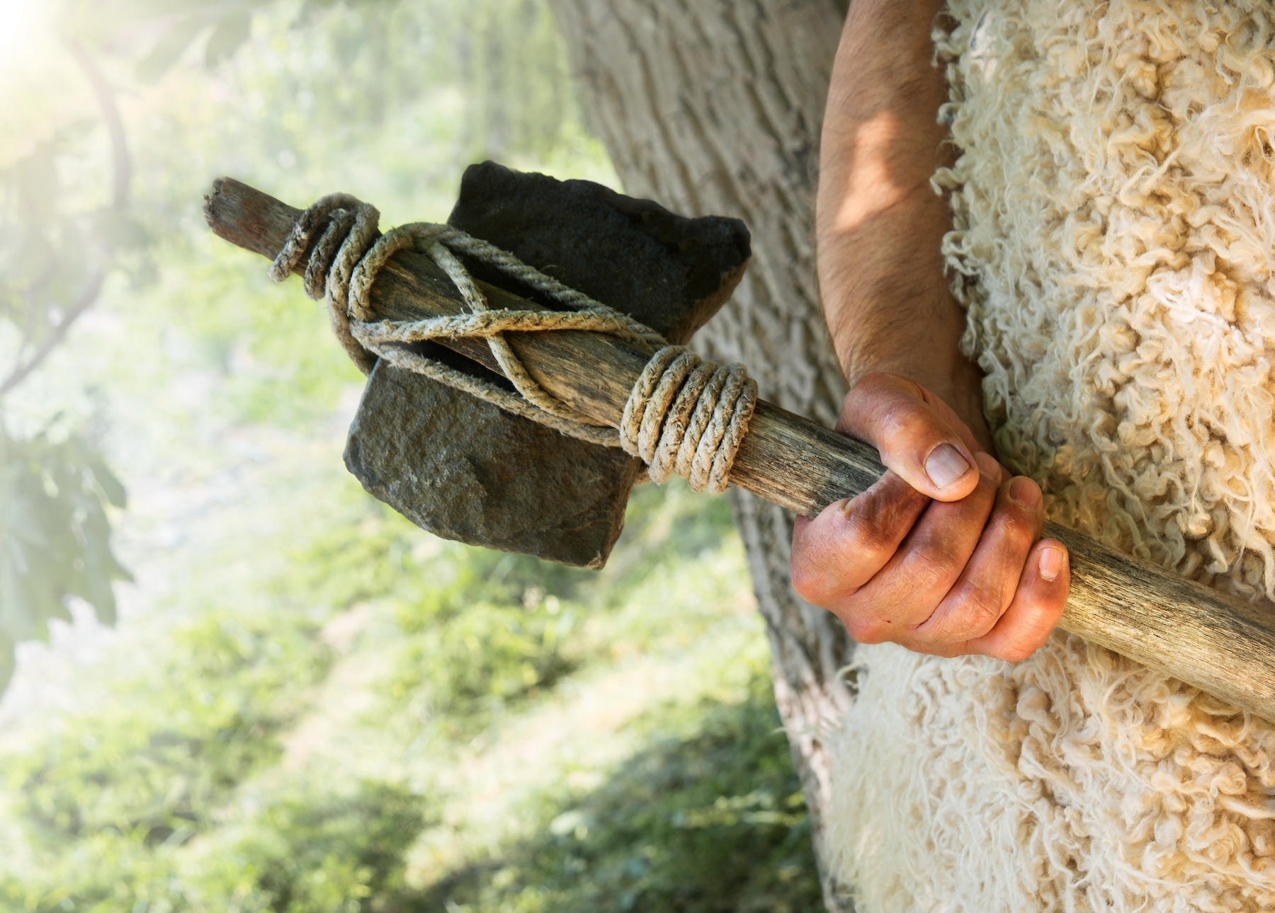 Close-up of a hand holding a weapon, a stone tied to a wooden handle, against a wooly pelt.