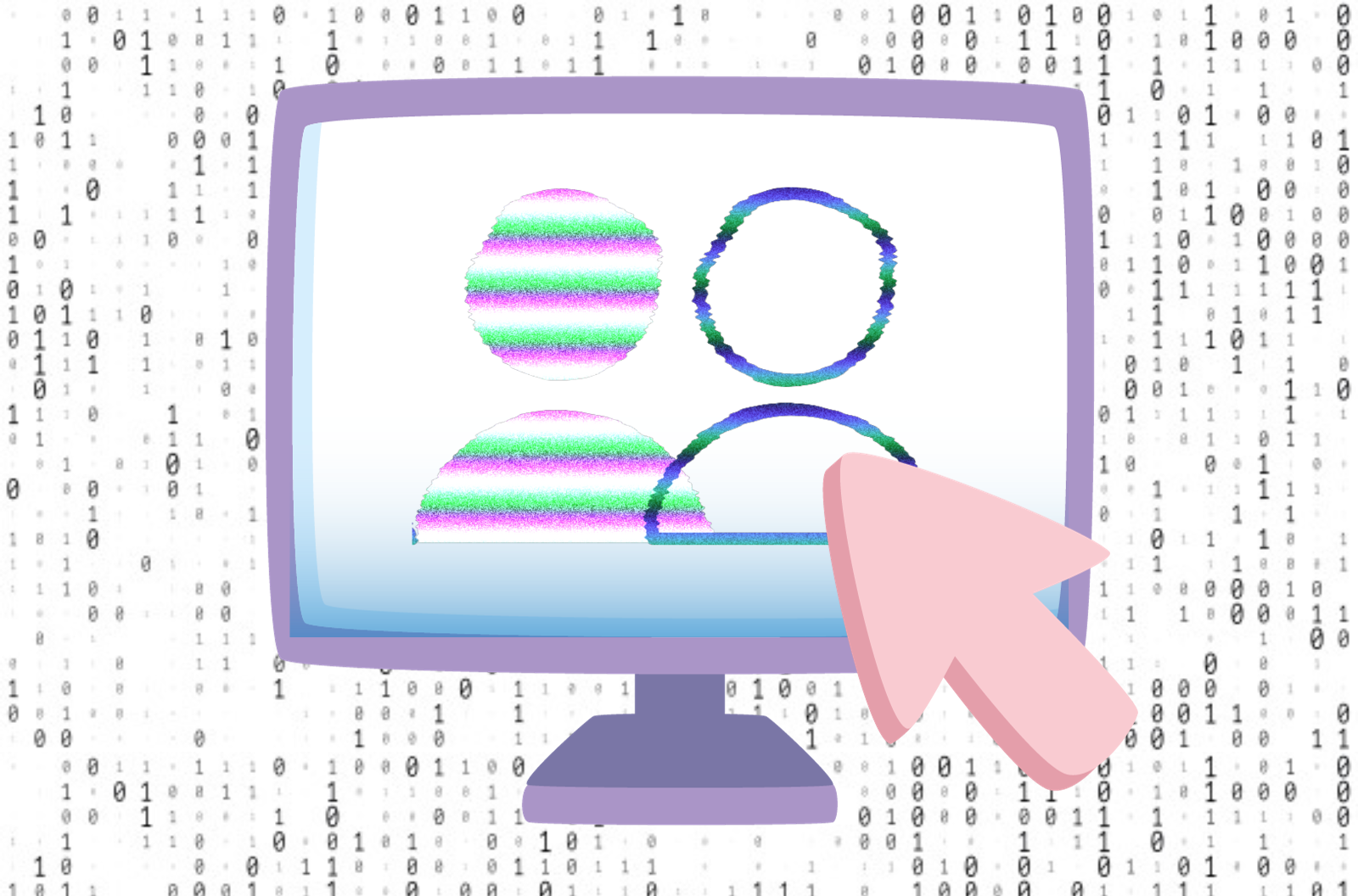 A graphic of two people on a computer screen, with a mouse clicking on one of them.