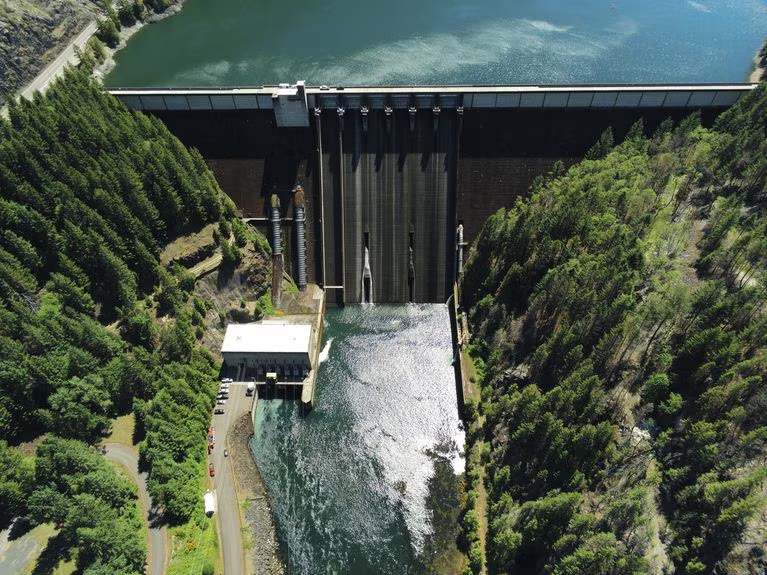 An aerial view of a huge dam.