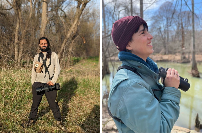 Two images of people holding binoculars and a large lens to watch birds. On the left is a man with a beard and glasses holding a large camera lens. On the right is a person wearing a hat holding binoculars and smiling up at the sky.