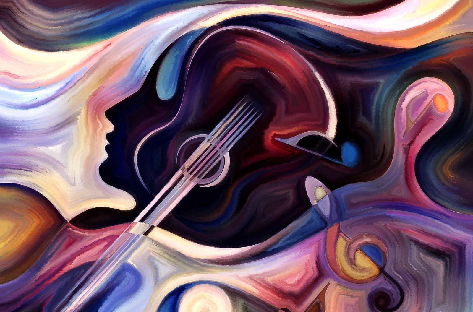 A cubist painting of a guitar blending in with the head of a person with long hair.