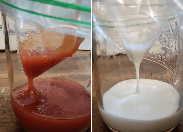On the left, ketchup flows through the plastic bag funnel. On the right, Oobleck flows.