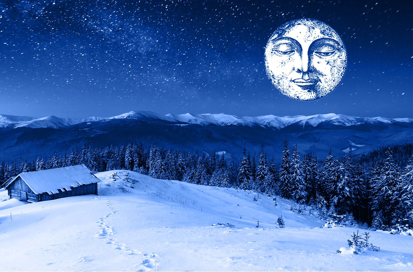 A sad moon hovering over a winter night landscape