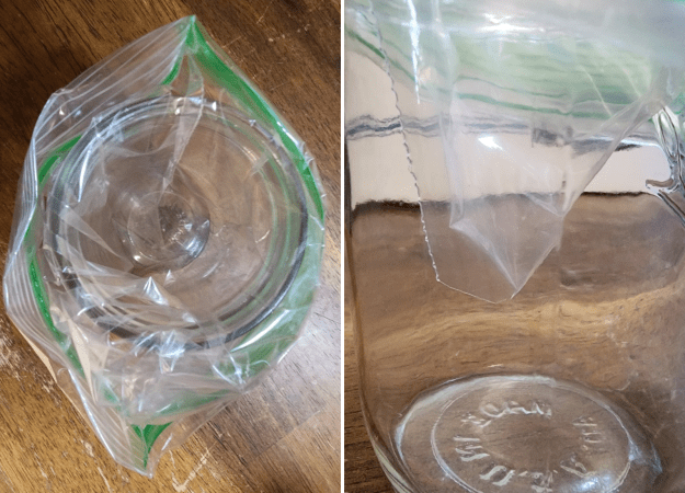 On the left, a bag has been placed into a glass jar.