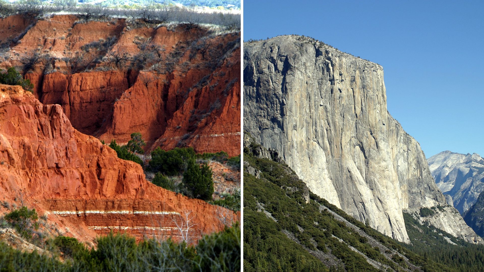 Two pictures of rock formations. On the left, red and stratified desert rock formations are shown. On the right, the rock formation is gray and solid.