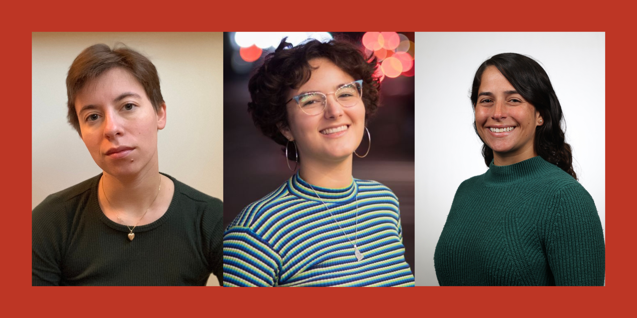 A line of three headshots of women, Emma Gometz in the center