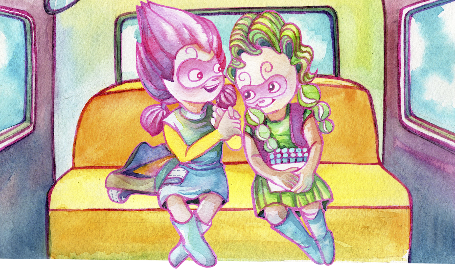 Two children with brightly colored hair and superhero masks signing on a bus.