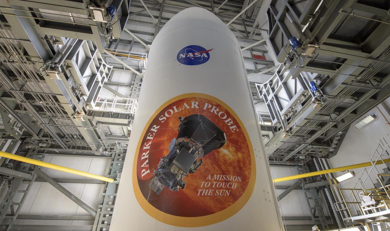 The top of a rocket with an emblem that reads "Parker Solar Probe: A mission to touch the sun"