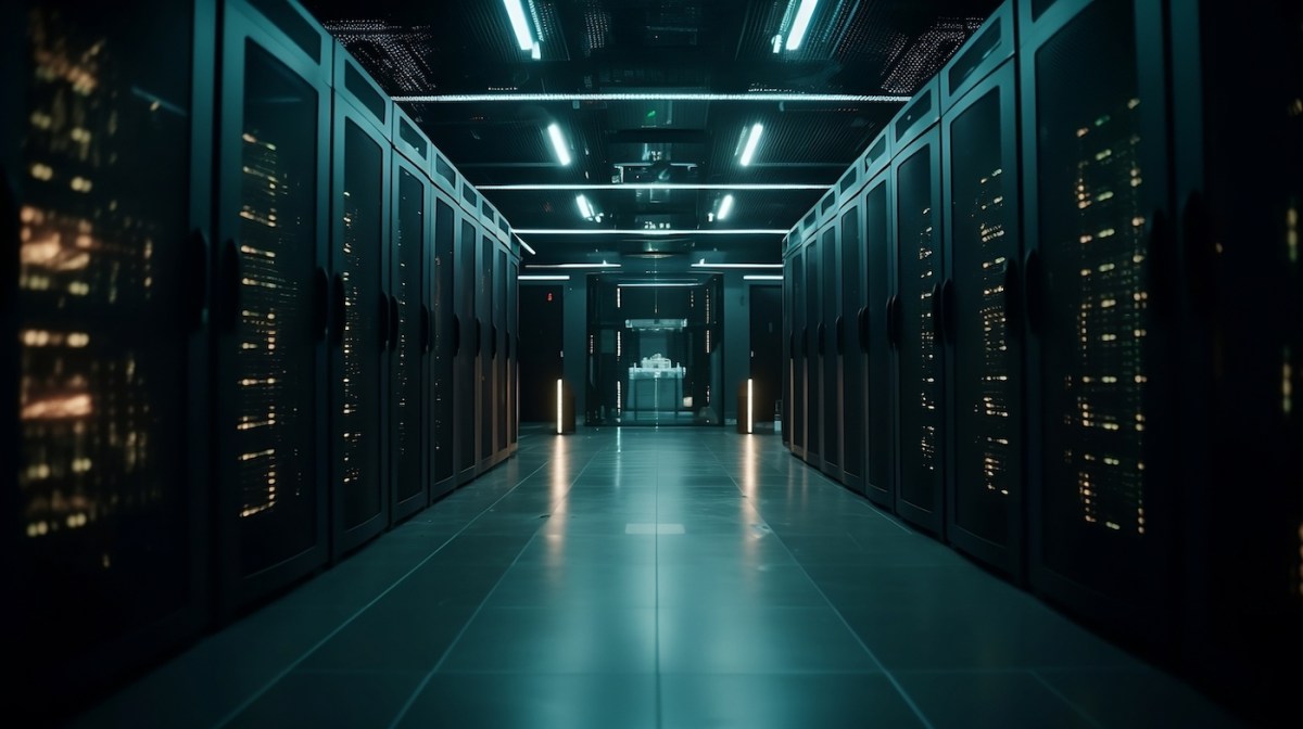 A darkened hallway with data storage units lining the walls and a green glow.