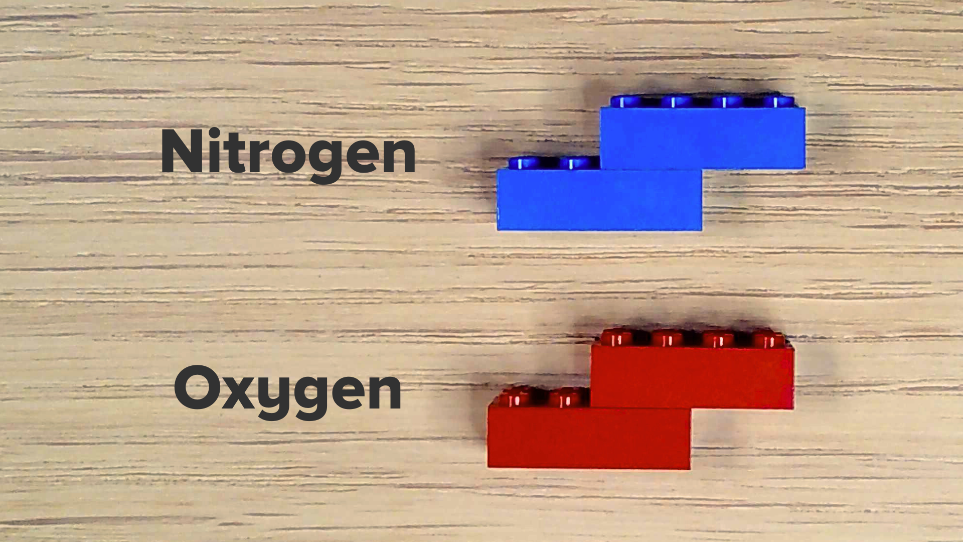 On the left, two 2x4 blue plastic construction bricks are attached in an offset manner. On the right, two red bricks are in the same formation.