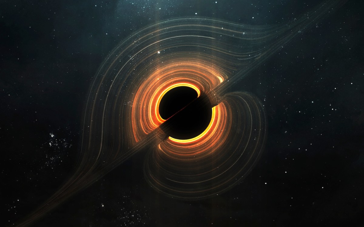 Concentric orange half-circles emanate from both sides of a diagonal plane against a black background, representing a black hole warping space.