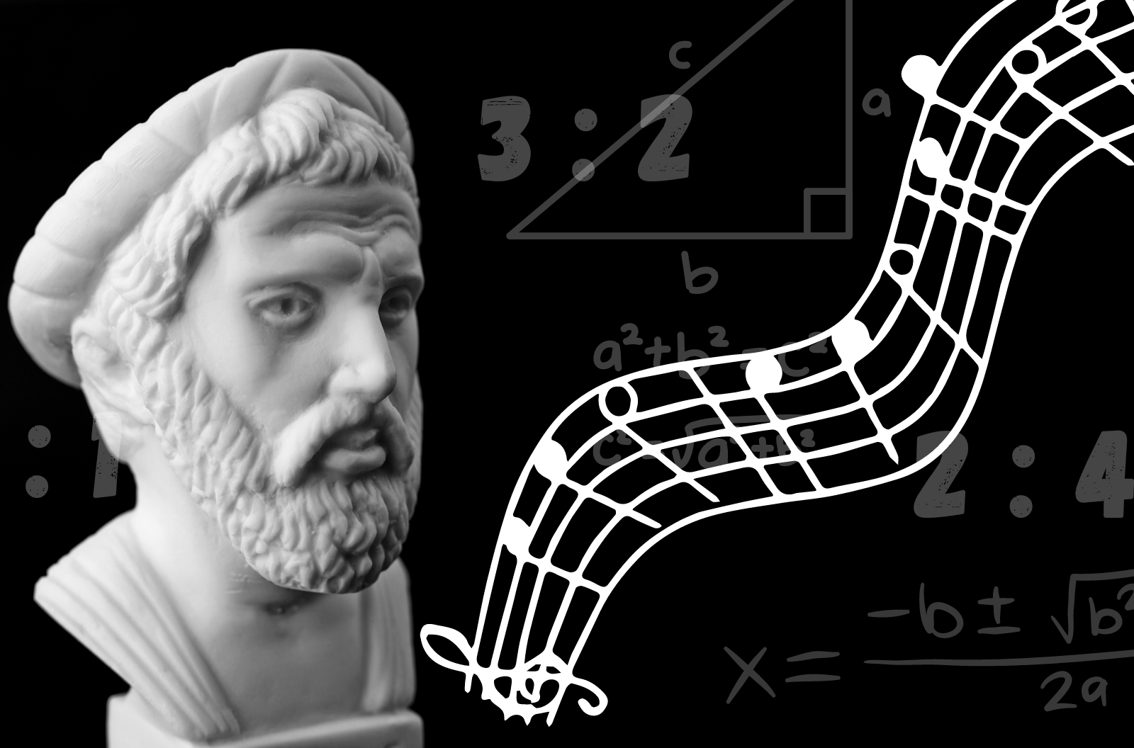 A marble bust of Pythagoras surrounded by a graphic of music notes and triangles and math equations