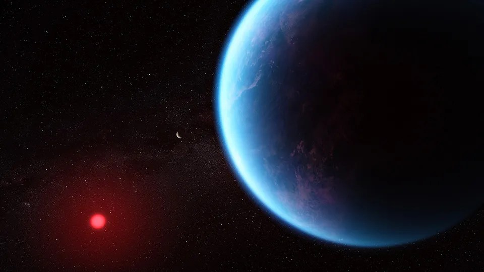 A large blue planet on the right, and a very small, bright red planet on its lower left.