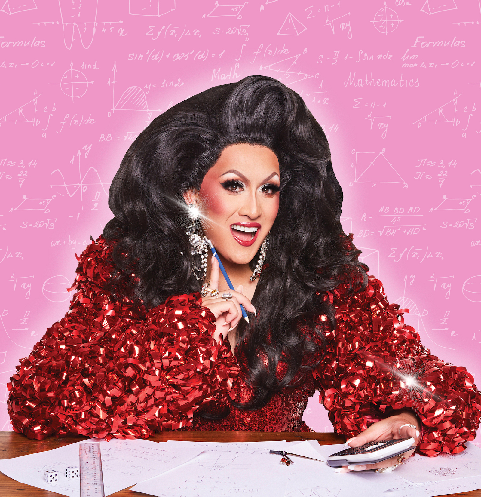 A drag queen wearing a shiny red shirt that looks like it's made of wrapping ribbons. She's smiling at the camera, holding a calculator and a pencil. Behind her are math equations and formulas.