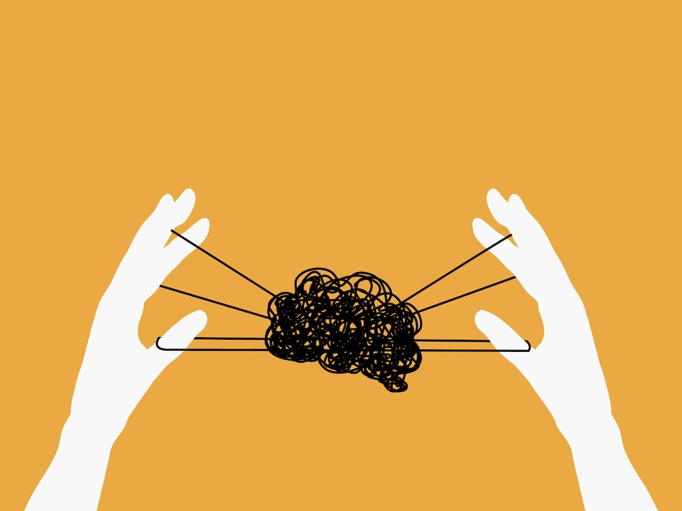 An illustration of a pair of hands playing cat's cradle with strings that form a brain-shaped knot.