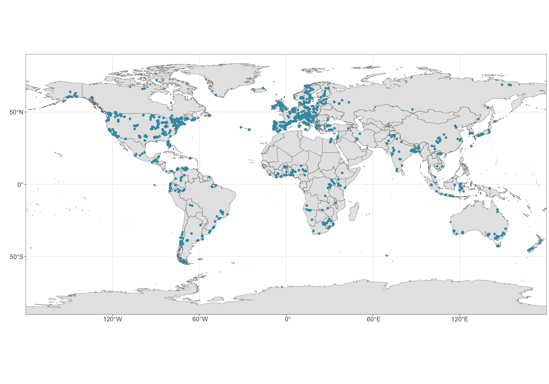 A map of the world with blue dots covering all 7 continents.