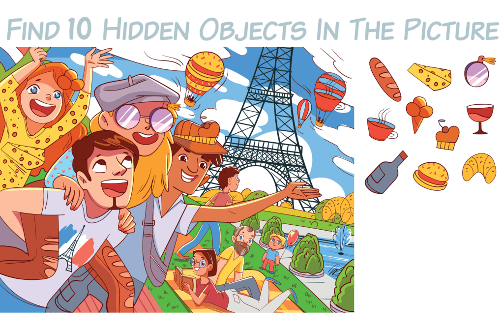 An illustrated image of a group of people having fun in front of the Eiffel Tower. There are many items hidden in the image, including bread, a hamburger, a croissant, and a wedge of cheese.