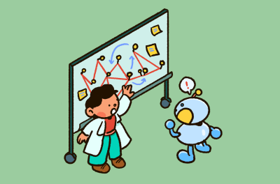 A young scientist motions toward a white board filled with complex information as a confused robot watches.