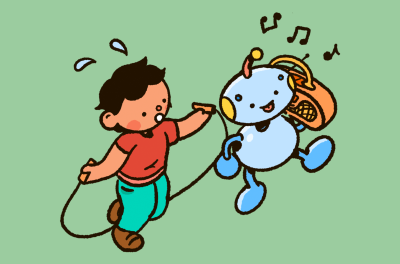 A young person sweats as they jump rope while a happy robot dances to music.