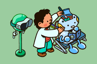 A young scientist uses tools to work on a robot's brain while it reads a story book.