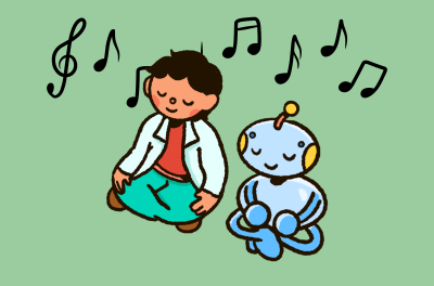 A young scientist sits next to a robot as they meditate and listen to music.