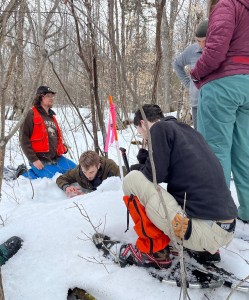 5 people observing a mound of snow in a winter forest. One person is wearing snowshoes.