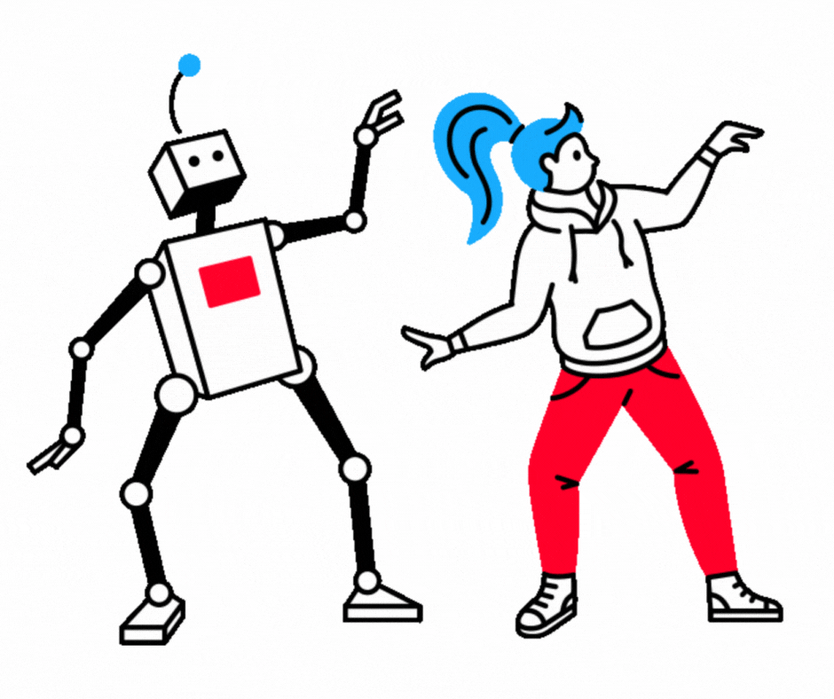 Un robot y una persona realizan un baile sencillo en sincronía, moviendo sus pies, brazos y cabeza.