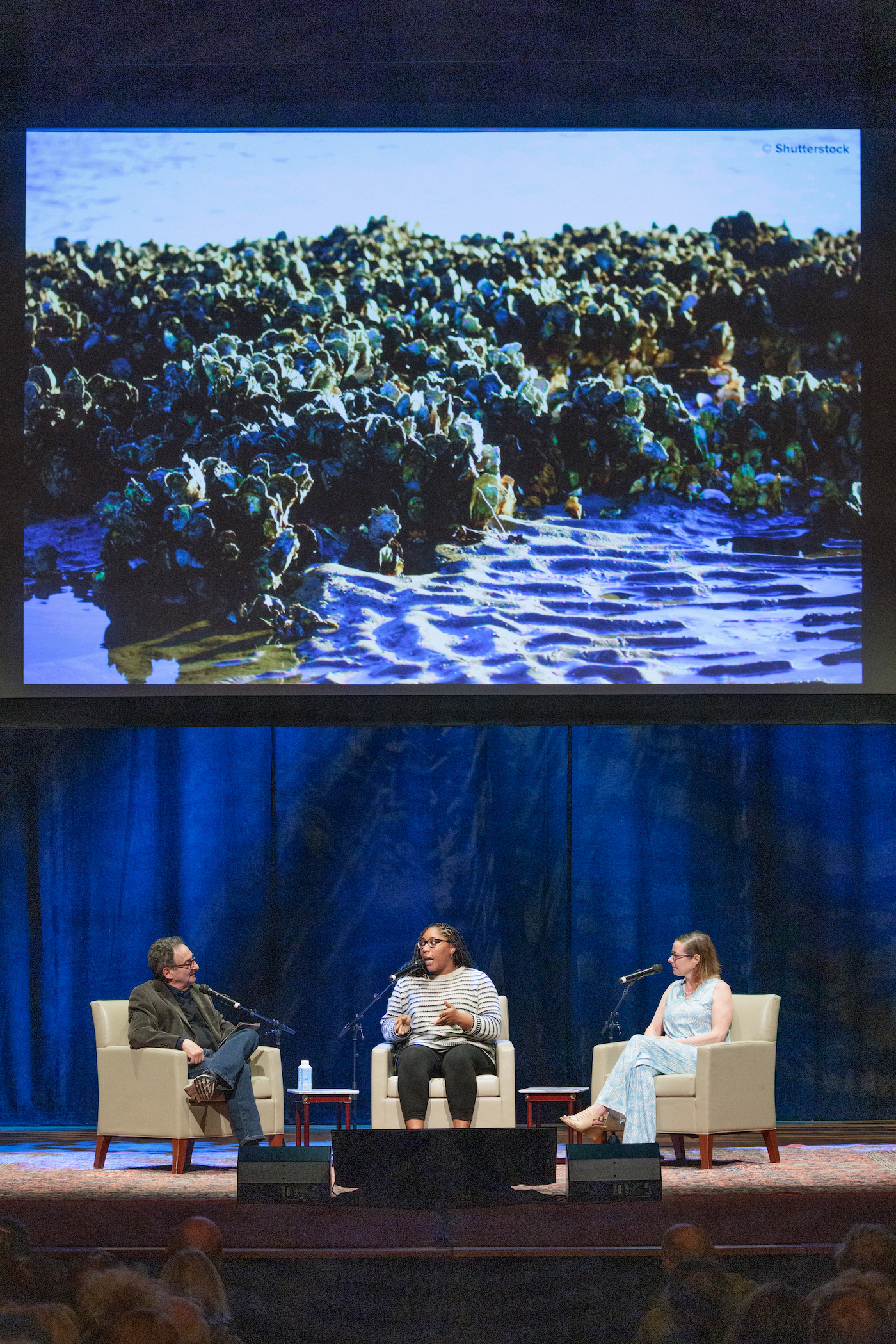 Three people sitting in chairs on a stage with an image of oysters in water projected above them.
