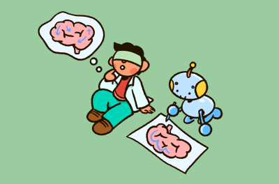 A young scientist thinks of an image of the brain while the robot tries to draw a picture of a brain.