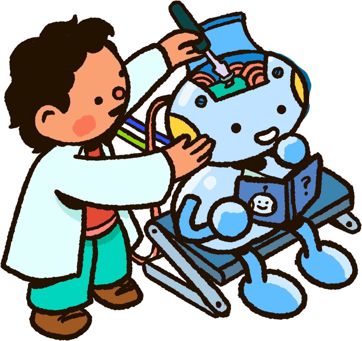 A young scientist works on a cheerful robot.
