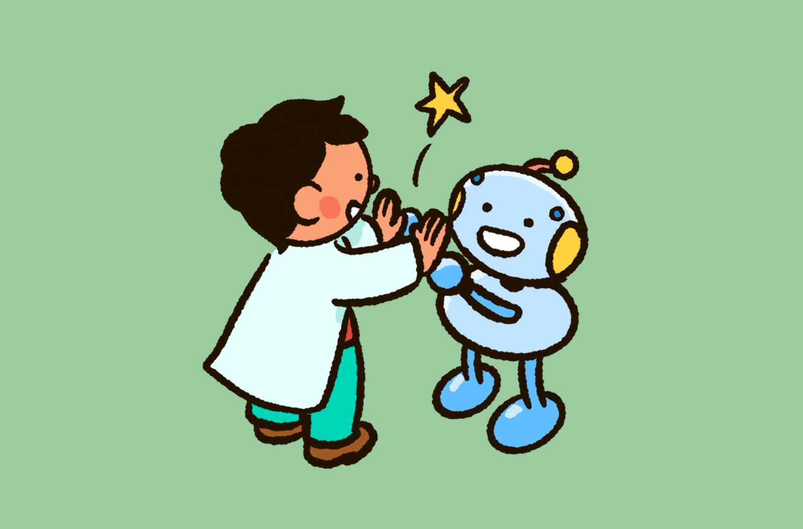 A young scientist and a robot smile as they give each other a high five.