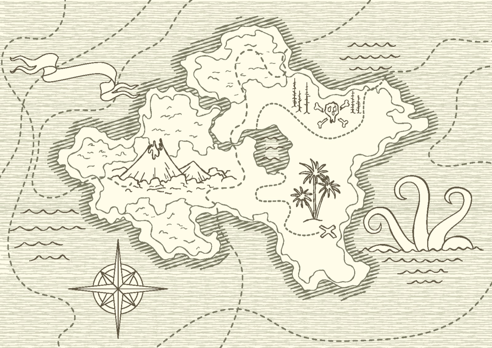 Un antiguo mapa del tesoro pirata dibujado a mano con una rosa de los vientos, rutas y símbolos náuticos clásicos.